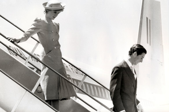 The royal couple arrives at Tullamarine Airport in 1985.