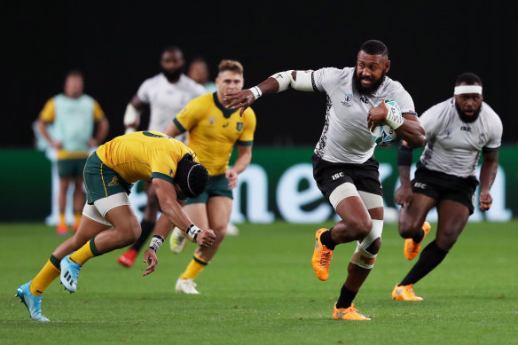 Waisea Nayacalevu of Fiji makes a break to score against the Wallabies in the 2019 World Cup.