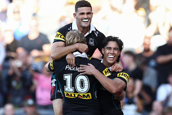 Nathan Cleary and Lindsay Smith celebrate after combining for a try.