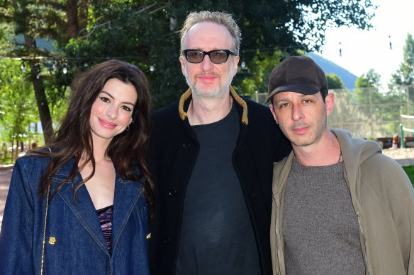 James Gray, centre, with Anne Hathaway and Jeremy Strong at the Telluride Film Festival in September.