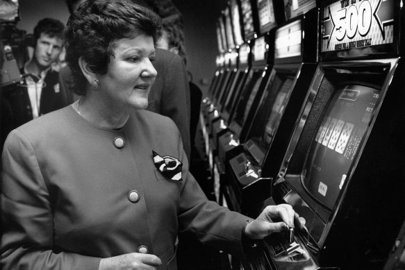 Premier Joan Kirner opens the new poker machine venue at the Essendon Football Club Social Club at Windy Hill.