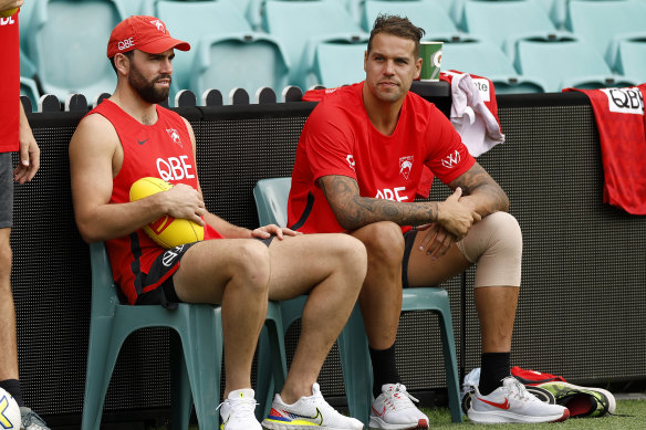 Paddy McCartin and Lance Franklin at Swans training on Tuesday.