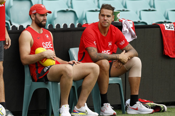 Paddy McCartin and Lance Franklin at Swans training earlier this year.