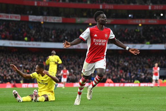Bukayo Saka after scoring for Arsenal.