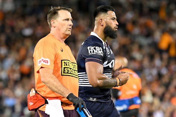 Payne Haas comes from the field against the Wests Tigers.