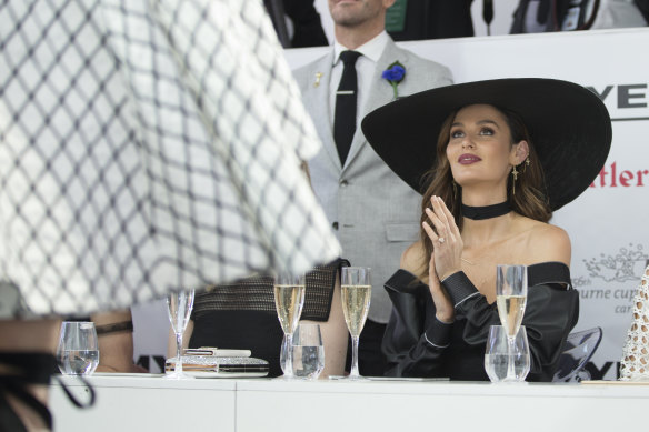 Nicole Trunfio judges Fashions on the Field at Derby Day.