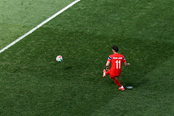 Jorgen Strand Larsen takes the penalty.