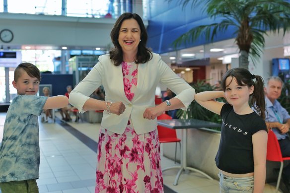 Premier Annastacia Palaszczuk with young fans Jack and Billie at the Royal Brisbane and Women’s Hospital during the last state election campaign in October 2020.