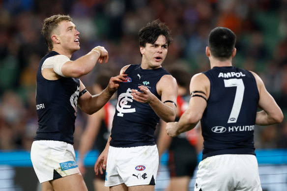 Blues celebrates a goal.