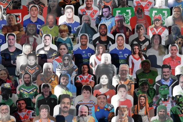 The cardboard cutout crowd at the Penrith Panthers and Newcastle Knights match at Campbelltown Stadium on Sunday.