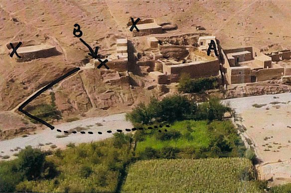 Exhibit in Ben Roberts-Smith defamation case, showing the village of Darwan. The “X” marked with “B” and an arrow is said to be the cliff from which a villager was allegedly kicked by Roberts-Smith. He denies the allegation.