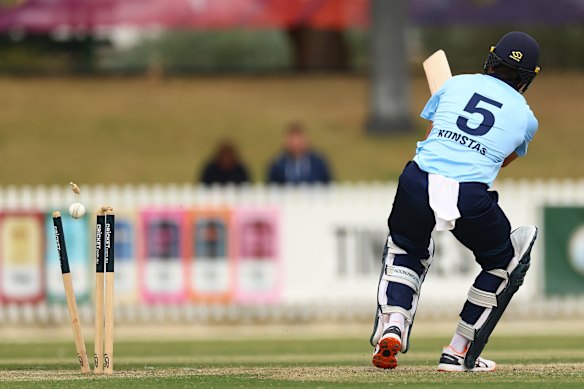 Costly ramp shot: Sam Konstas is clean bowled by Cameron McClure.