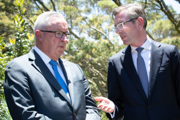 NSW Health Minister Brad Hazzard and Premier Dominic Perrottet at a press conference on Wednesday.