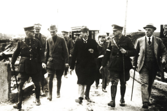 General John Monash (second right) conducts prime minister Billy Hughes (centre) and others through newly occupied territory in Belgium during World War I. Hughes was responsible for the War Precautions Act of 1914, which gave the government tremendous power.