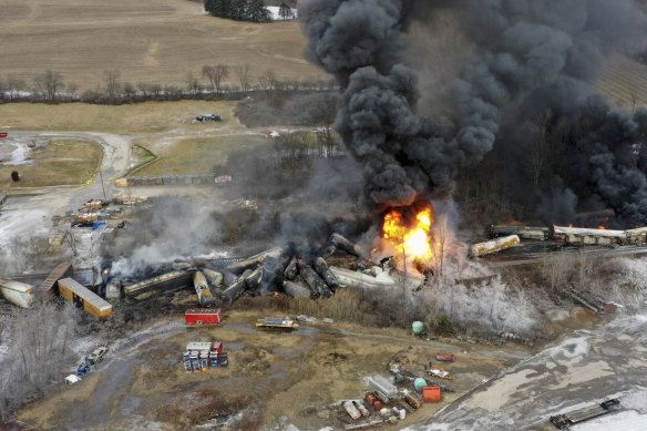 The wreckage of the freight train at East Palestine, Ohio, seen in drone footage on Saturday, February 4.