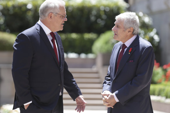 Scott Morrison and Channel Seven owner and Australian War Memorial chairman Kerry Stokes at a Remembrance Day ceremony. 