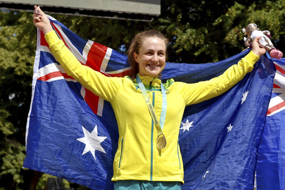 Grace Brown after winning gold in the women’s cycling individual time trial at the Commonwealth Games.