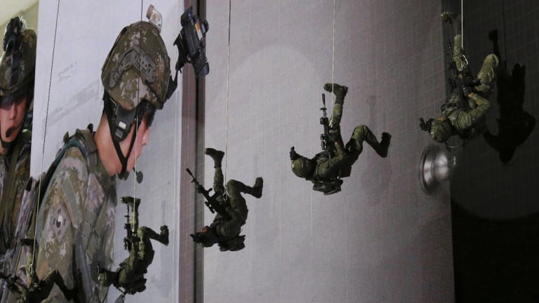 South Korean army soldiers perform during the 70th anniversary of Armed Forces Day in Seoul.