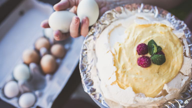 Homemade lemon angel pie with fresh eggs.