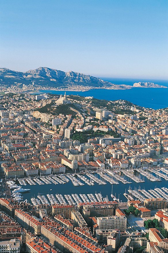 Looking south across Marseille, France’s oldest city, to the Mediterranean, you can see the U-shaped Vieux-Port, a focal point of the city for 2600 years.
