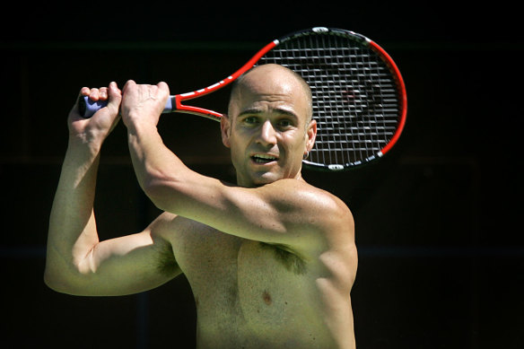 Andre Agassi trains in Melbourne for the Australian Open in 2005.