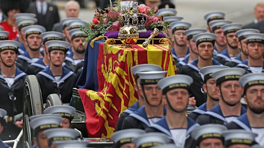 Members of the Royal Navy beside the coffin of Queen Elizabeth II.