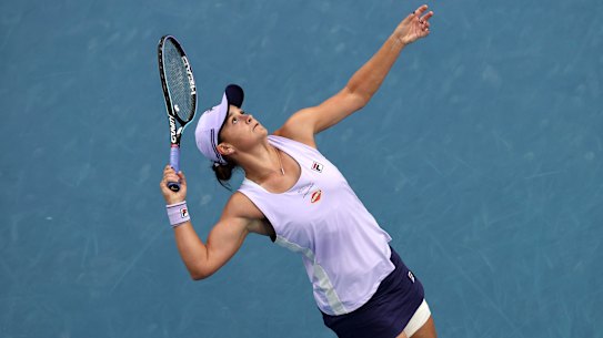 Ashleigh Barty serves in her third-round match against Ekaterina Alexandrova.