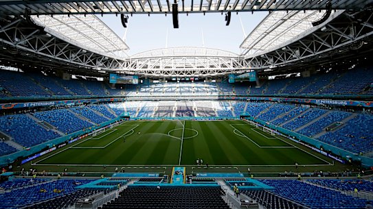 Gazprom Arena in St Petersburg, Russia, where the 2022 Champions League final is set to be staged, but the venue is set to be stripped of the event.