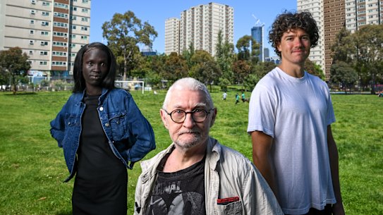 Cast members of the FLATS series, from left, Will Weatheritt, Jeff McNair and Adut Miar. 