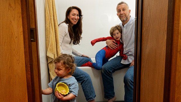 Kate Aubusson with her husband Dylan and their children Lyra and Marlowe at the Annandale home.