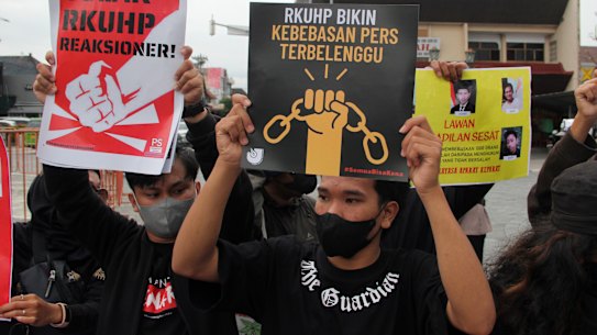 Protesters demonstrate against Indonesia’s new criminal law in Yogyakarta this week.