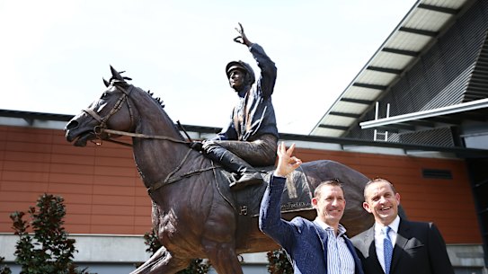 Hugh Bowman and Chris Waller at the unveiling of the Winx statue at Rosehill.