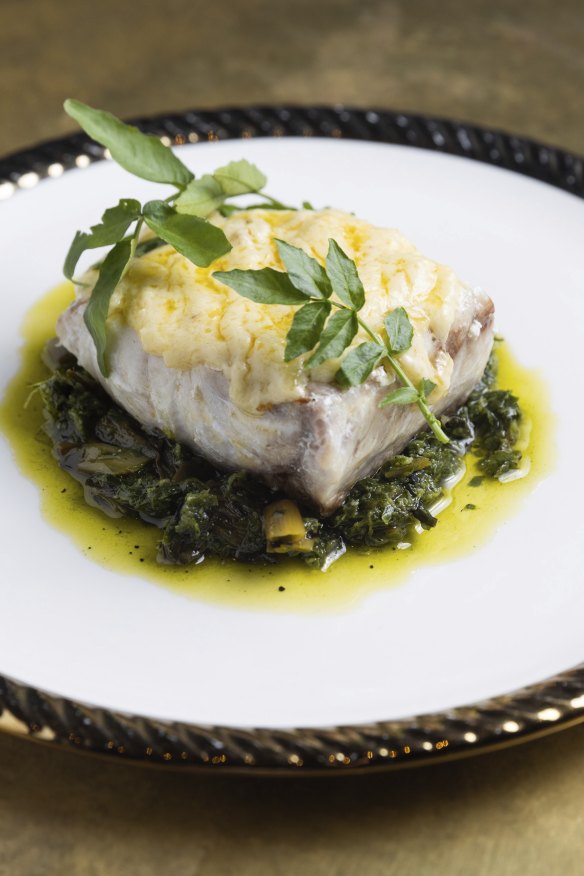 Hapuka fillet with greens and buttery leek chimichurri.