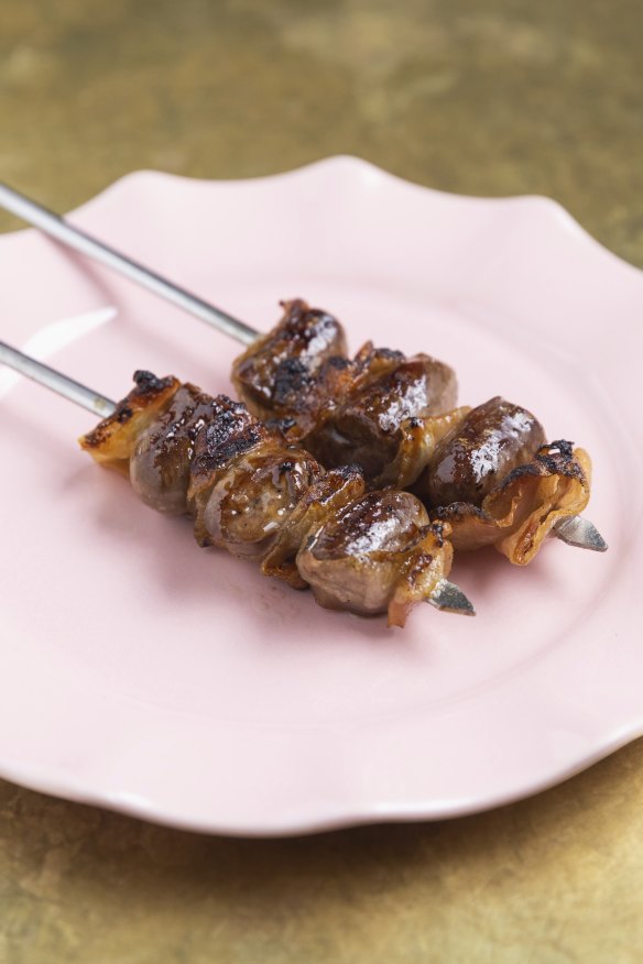 Chargrilled duck hearts wrapped in guanciale.