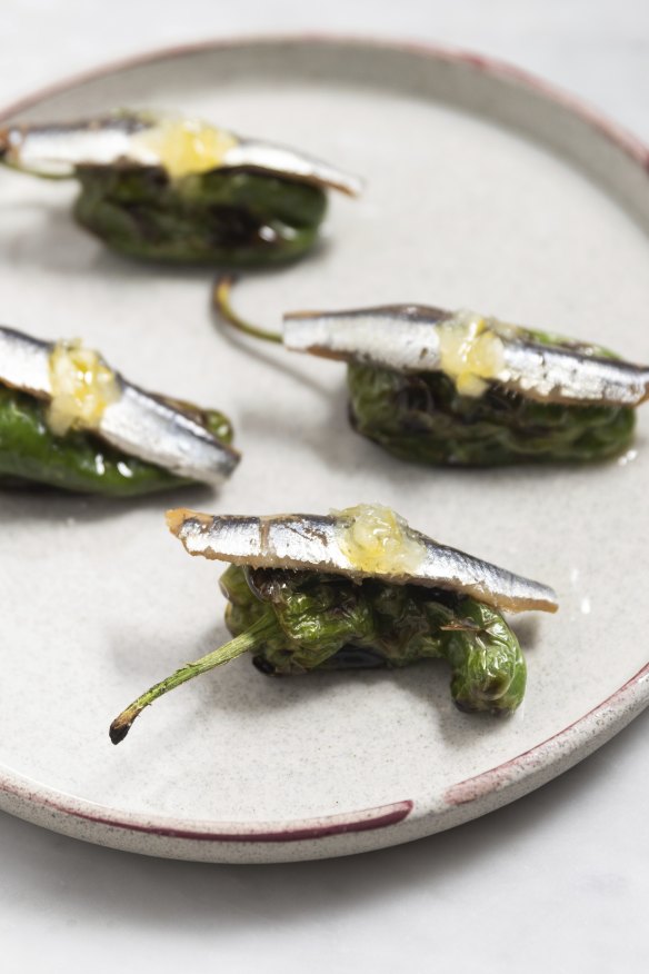 Blistered peppers with anchovy and preserved lemon.