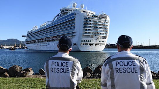 The troubled Ruby Princess docked at Port Kembla on Monday morning.