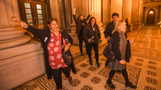 First Peoples’ Assembly of Victoria members celebrating the Treaty Authority Bill passing Victorian  parliament on Tuesday evening.