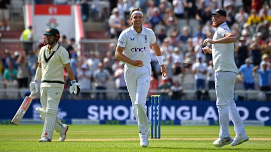 Stuart Broad celebrates his 600th Test wicket.