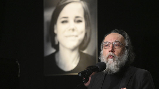 Alexander Dugin speaks during the final farewell ceremony for his daughter Daria Dugina in Moscow, Russia.