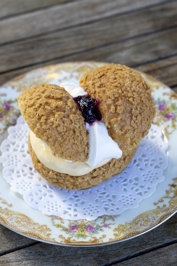 Butterfly profiterole with Davidson plum and cream.