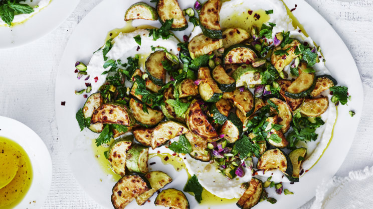Fried zucchini, mint and chilli salad with taramasalata and bottarga-image