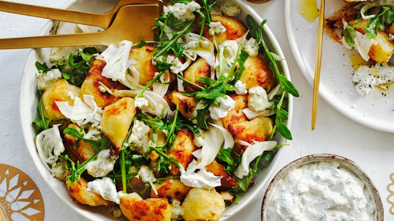 Roasted potato salad with pickled fennel, rocket and creamy salsa verde