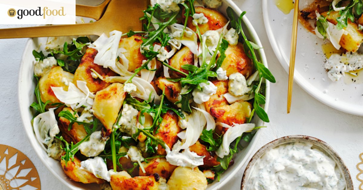 Roasted potato salad with pickled fennel, rocket and creamy salsa verde