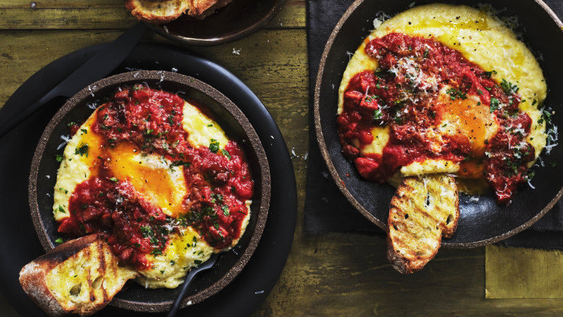 Eat these eggs with chorizo, capsicum and oven-baked polenta for breakfast or dinner