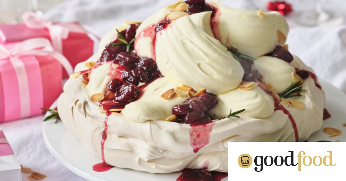 Helen Goh’s cherry pavlova with almond and yoghurt noyaux cream