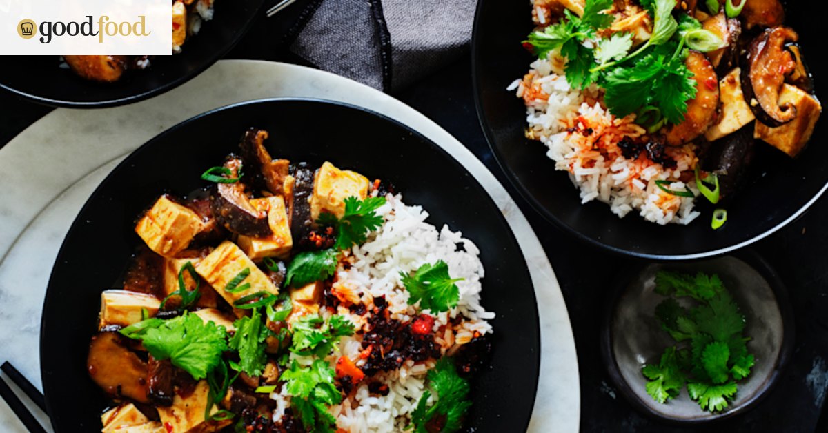 Vegan mapo tofu recipe with shiitake mushrooms and crispy chilli oil