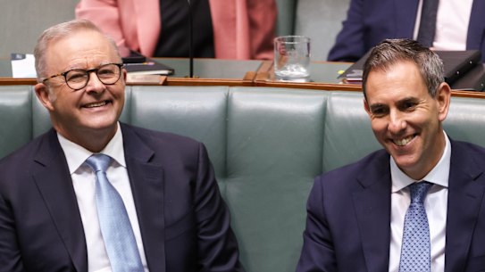 Prime Minister Anthony Albanese and Treasurer Dr Jim Chalmers during a division in the House of Representatives at Parliament House in Canberra on Tuesday 27 October 2026. fedpol Photo: Alex Ellinghausen