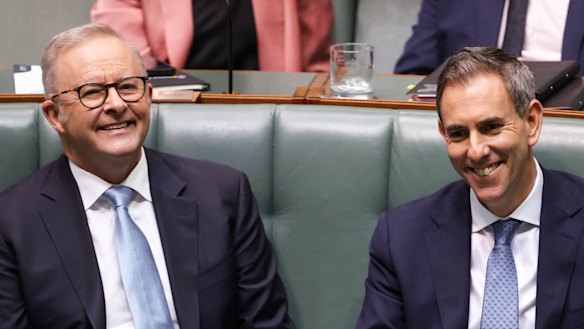 Prime Minister Anthony Albanese and Treasurer Dr Jim Chalmers during a division in the House of Representatives at Parliament House in Canberra on Tuesday 27 October 2026. fedpol Photo: Alex Ellinghausen