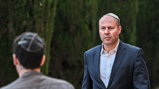 Former treasurer Josh Frydenberg arrives at a Jewish community rally in Melbourne.