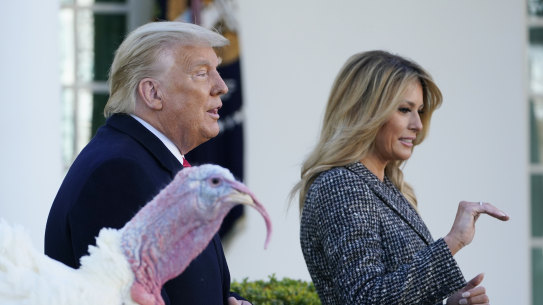 Donald and Melania Trump walk away after the US President pardoned two Thanksgiving turkeys on Tuesday.